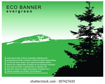 Eco banner. Silhouette of mountains with snow and coniferous trees. Green tones.