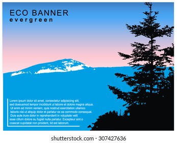 Eco banner. Silhouette of mountains with snow and coniferous trees. Blue and pink tones.
