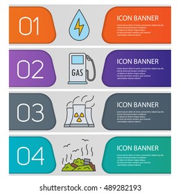 Eco banner templates set. Easy to edit. Water energy, gas station, nuclear power plant, rubbish dump. Ecology website menu items. Color web banner. Vector headers design concepts