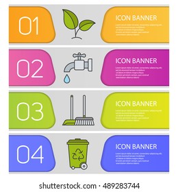 Eco banner templates set. Easy to edit. Plant, water resources, cleaning and recycle service. Ecology website menu items. Color web banner. Vector headers design concepts