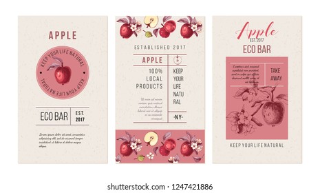 Eco bar template. 3 banners with hand drawn apples in retro style. Vector illustration