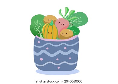 Eco basket vegan full of cute vegetables and fruit vector. Reuse or no plastic bag concept