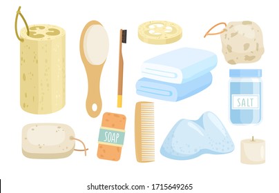 Eco bath accessories vector illustration set. Cartoon flat zero waste bathroom collection with wooden comb or toothbrush, loofah sponge, natural sea salt, soap accessory icons isolated on white