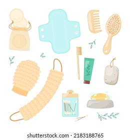 Conjunto de ilustraciones de dibujos animados de accesorios de baño ecológicos. Cero residuos de cepillo de dientes de bambú, peine de madera, cosméticos orgánicos, puff de ducha, toallas de algodón, productos de baño reutilizables. Estilo de vida ecológico, cuidado