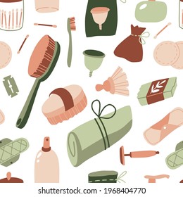 Eco bathroom accessories and tools. Seamless pattern. Skin care products, soap, tooth paste, wooden combs, reusable hygiene items. No plastic, zero waste, go green concept. Vector hand drawn texture