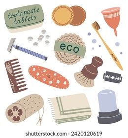 Eco bathroom items hand drawn collection, soap, toothbrush, comb doodle icons, vector illustration of natural green cosmetics, zero waste concept, nature friendly body care, reusable vegan hygiene set