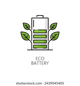 Eco batteries, clean energy, green power thin line icon. Renewable energy industry, ecological electricity power station technology line vector symbol with battery with green cells and leaves