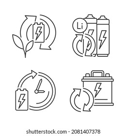 Eco battery disposal linear icons set. Environmentally friendly reuse. Recycling electronic waste. Customizable thin line contour symbols. Isolated vector outline illustrations. Editable stroke