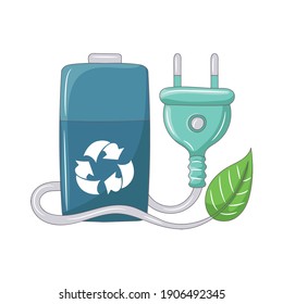 Eco Battery with Electric plug, Simple environmental sign, colored Line art vector illustration