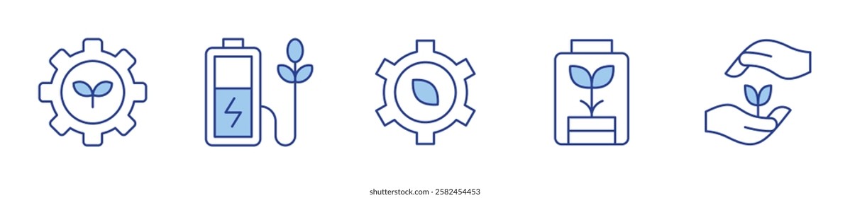 eco battery, growth, ecology and environment, gear. Ecology Icon vector illustration. Line Duotone style. Editable stroke.