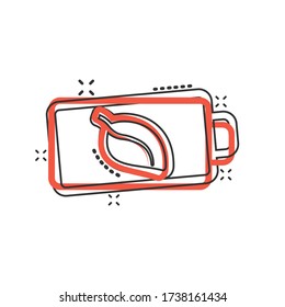 Eco battery icon in comic style. Power level cartoon vector illustration on white isolated background. Lithium accumulator splash effect business concept.