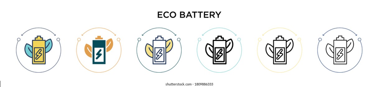Eco battery icon in filled, thin line, outline and stroke style. Vector illustration of two colored and black eco battery vector icons designs can be used for mobile, ui, web