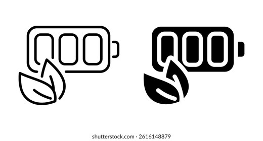 Eco battery icon with leaf and charge symbol. Silhouette and line style.