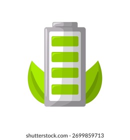 Eco battery icon, battery and leaf vector illustration, sustainable energy storage icon, green energy power storage symbol, isolated on white background