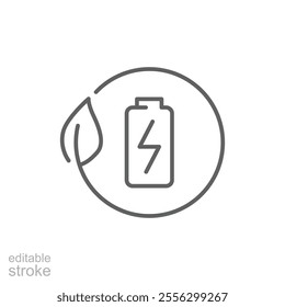 Eco battery icon. Simple outline style. Leaf, circle, green energy, recycle, global, electricity, natural, power, environment concept. Thin line symbol. Vector illustration isolated. Editable stroke.