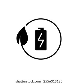 Eco battery icon. Simple solid style. Leaf, circle, green energy, recycle, global, electricity, natural, power, environment concept. Black silhouette, glyph symbol. Vector illustration isolated.