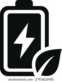 Eco battery icon vector green accumulator renewable energy source charge level leaf ecology technology concept black flat glyph silhouette isolated