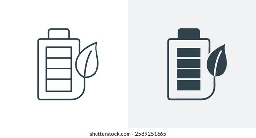 Eco Battery Icon Vector. Line and Solid Illustration of battery with leaf for Green Energy, Renewable Power