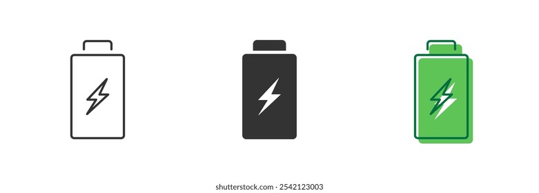 Linha de bateria Eco e conjunto de ícones de silhueta. Pictograma De Energia Verde Recarregável Eco. Acumulador com Ícone Lightning. Traço editável. Ilustração de vetor isolada.