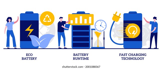 Eco battery, battery runtime, fast charging technology concept with tiny people. Rechargeable battery abstract vector illustration set. Innovative eco-design, long battery life, fast-charge metaphor.