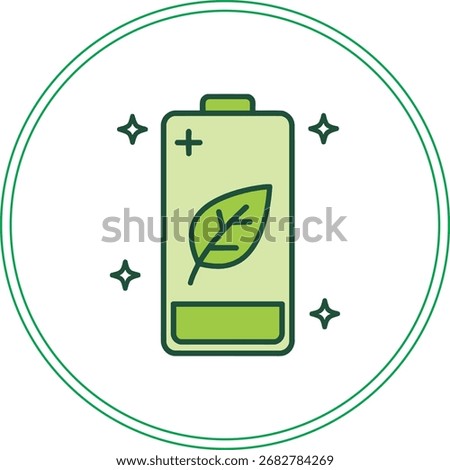 Eco battery vector illustration with green leaf symbol, representing renewable energy, sustainable power, and eco-friendly technology.