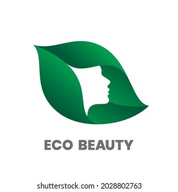 Eco Beauty. Hair Salon Or Beauty Salon Logo Design Template. Woman Silhouette On Green Leaf. Stock Vector Emblem.