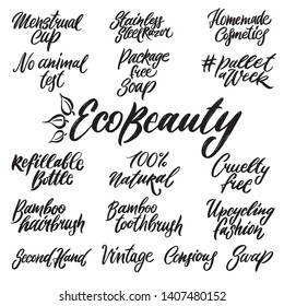 Eco beauty hand written lettering words: palleta week, menstrual cup, stainless razor, homemade cosmetics, rackage free soap, cruelty free, second hand, vintage. Ecology design on white background