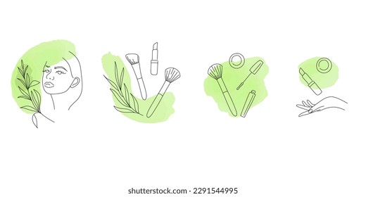 Eco beauty salon logo. Ecological makeup or hairdressing studio, eyelash extension logotype. Line hand and woman face, green watercolor drops. Various bio cosmetics badge vector isolated emblem set