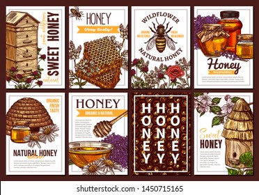 Eco bee honey vector hand drawn poster templates set. Organic food products shop advertising flyers, brochures collection. Wildflower and fruit tree natural honey packaging designs pack