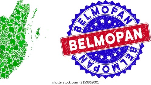 Eco Belize map collage of herbal leaves in green color hues with grunge bicolor Belmopan seal. Red and blue bicolored seal with grunge surface and Belmopan word.
