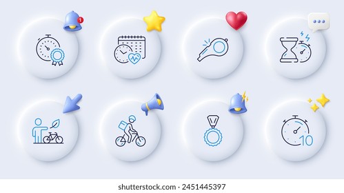 Eco bike, Delivery bike and Best result line icons. Buttons with 3d bell, chat speech, cursor. Pack of Whistle, Medal, Timer icon. Hourglass timer, Cardio calendar pictogram. Vector