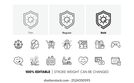 Eco bike, Fireworks e Gamepad ícones de linha. Pacote de carrinho de compras, Conta, Yummy ícone sorriso. Pacote surpresa, Câmera fotográfica, Pictograma de rosto de sorriso. Proteção solar, boneco de neve, insônia. Vetor