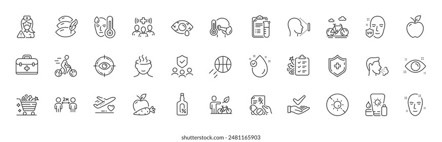 Bicicleta ecológica, sin sol e iconos de la línea de ojos de la salud. Paquete de ciclista, sin alcohol, icono de drogas recetadas. Fiebre, protector solar, pictograma de ojo objetivo. Baloncesto, Primeros auxilios, Análisis médicos. Iconos de línea. Vector