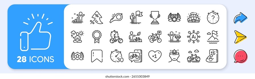 Eco bike, Timer e Ícones de linha do vencedor. Taxa de juros, AI gerar, ícones de inflação. Bandeira da Montanha, medalha Laureado, ícone de liderança. Estádio Arena, Bicicleta, Pictograma de estacionamento de bicicleta. Vetor