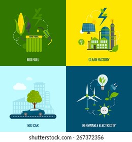 Eco bio car fuel and clean renewable electricity production 4 flat  icons composition abstract vector isolated illustration