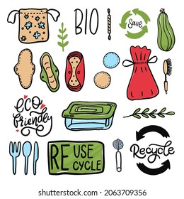 Eco bio. Colección de residuos cero artículos o productos duraderos y reutilizables - jarras de vidrio, bolsas de alimentación ecológica, cubiertos de madera, peine, cepillo de dientes y cepillos, taza menstrual, jarra termo