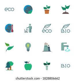 Eco & Bio elements collection, flat icons set, Colorful symbols pack contains - earth planet global warming, factory pollution, water, forest trees. Vector illustration. Flat style design