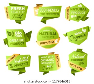 Eco and bio emblems. Earth-friendly, green not harmful to the environment, farm food logo. Vector flat style cartoon illustration isolated on white background