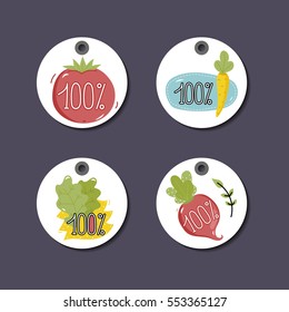 Eco and bio food labels set isolated on perpl background. Natural farm products round price tags for organic foods shop, vegan cafe, restaurant, eco bar. Healthy eating concept. Eco friendly products