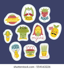 Eco and bio food labels set isolated on blue background. Natural products stickers with fruit and vegetables cartoon characters for organic shop, vegan cafe, restaurant menu, eco bar.