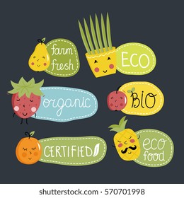 Eco and bio food labels set isolated on black background. Natural products stickers with pear, apple pineapple, orange, strawberry characters. Healthy eating concept. Eco friendly products