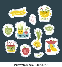 Eco and bio food labels set isolated on blue background. Natural products stickers with fruit and vegetables cartoon characters for organic shop, vegan cafe, restaurant menu, eco bar.