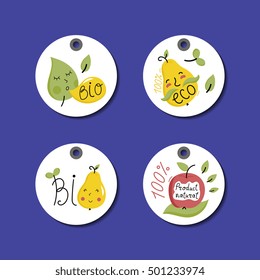 Eco and bio food round labels set isolated on blue background. Natural farm products price tags for organic foods shop, vegan cafe, restaurant, eco bar. Healthy eating concept. Eco friendly products