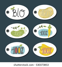 Eco and bio food round labels set isolated on blue background. Natural farm products price tags for organic foods shop, vegan cafe, restaurant, eco bar. Healthy eating concept. Eco friendly products