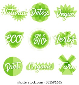 ECO, BIO Green Set with logo design elements, product emblems, farming and ecology concepts, healthy living style symbols. 