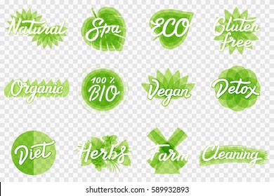 ECO, BIO Green Set with logo design elements, product emblems, farming and ecology concepts, healthy living style symbols. Lettering symbols on transparent background. 