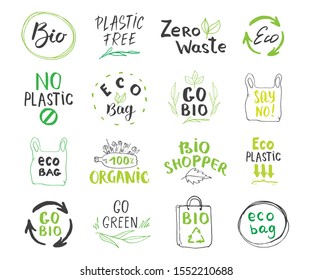 Eco and Bio Hand Drawn labels Set. Calligraphic Letterings with eco friendly sketch doodle elements. Vector illustration.
