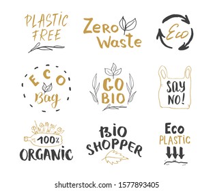 Eco and Bio Hand Drawn labels Set. Calligraphic Letterings with eco friendly sketch doodle elements. Vector illustration.