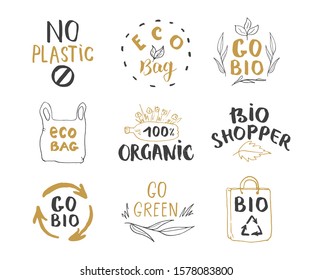Eco and Bio Hand Drawn labels Set. Calligraphic Letterings with eco friendly sketch doodle elements. Vector illustration.