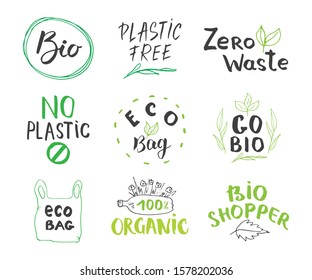 Eco and Bio Hand Drawn labels Set. Calligraphic Letterings with eco friendly sketch doodle elements. Vector illustration.